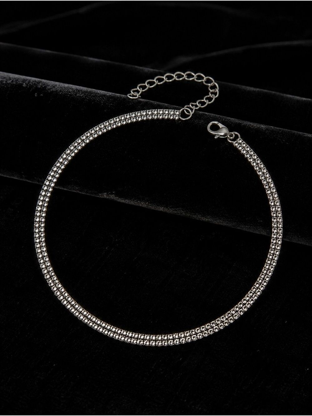 SILVER RHINESTONE DOUBLE ROW ADJUSTABLE CHOKER SPARKLE GLAM JEWELRY - Picture 2 of 3